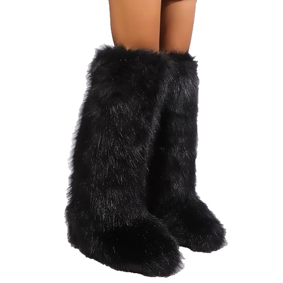 Womens Black Faux Fur Fuzzy Tall Knee High Boho Fall Winter Comfy Cozy Boots 8W - Picture 2 of 5
